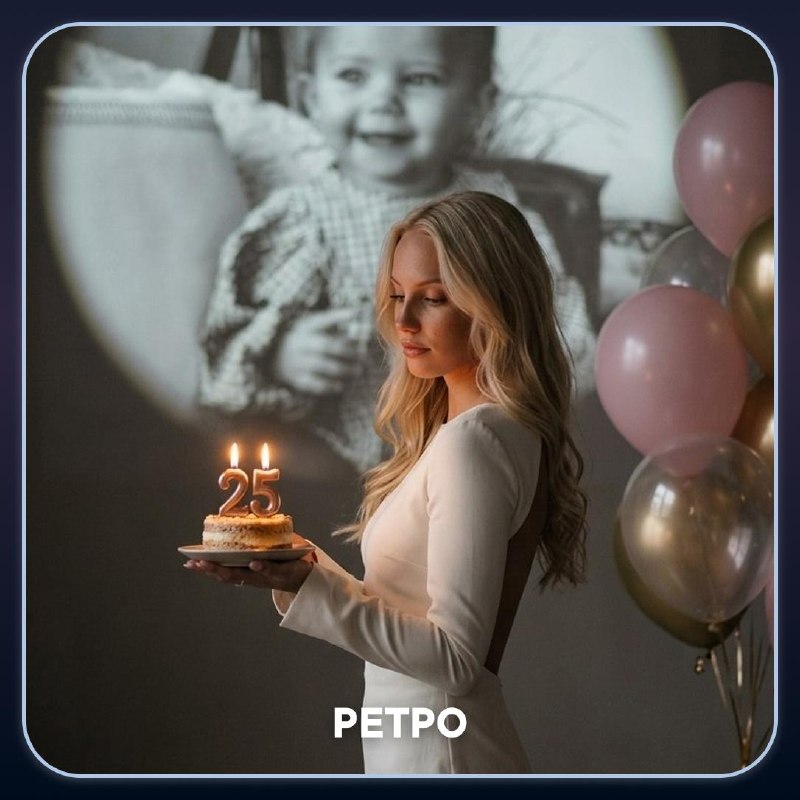 Ретро: Ностальгичный кадр с проектором, детским портретом и мягким светом свечей.