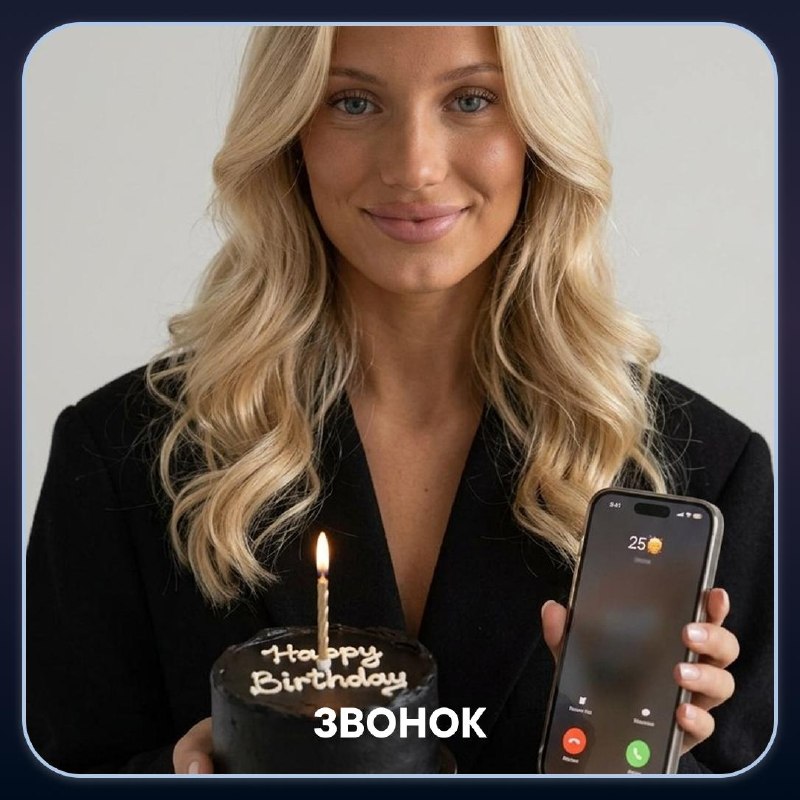 Звонок: Минималистичный портрет с тортом и входящим поздравлением на экране телефона.