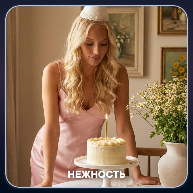 Нежность: Домашняя бохо-сцена с ромашками, пастельным светом и маленьким тортом.