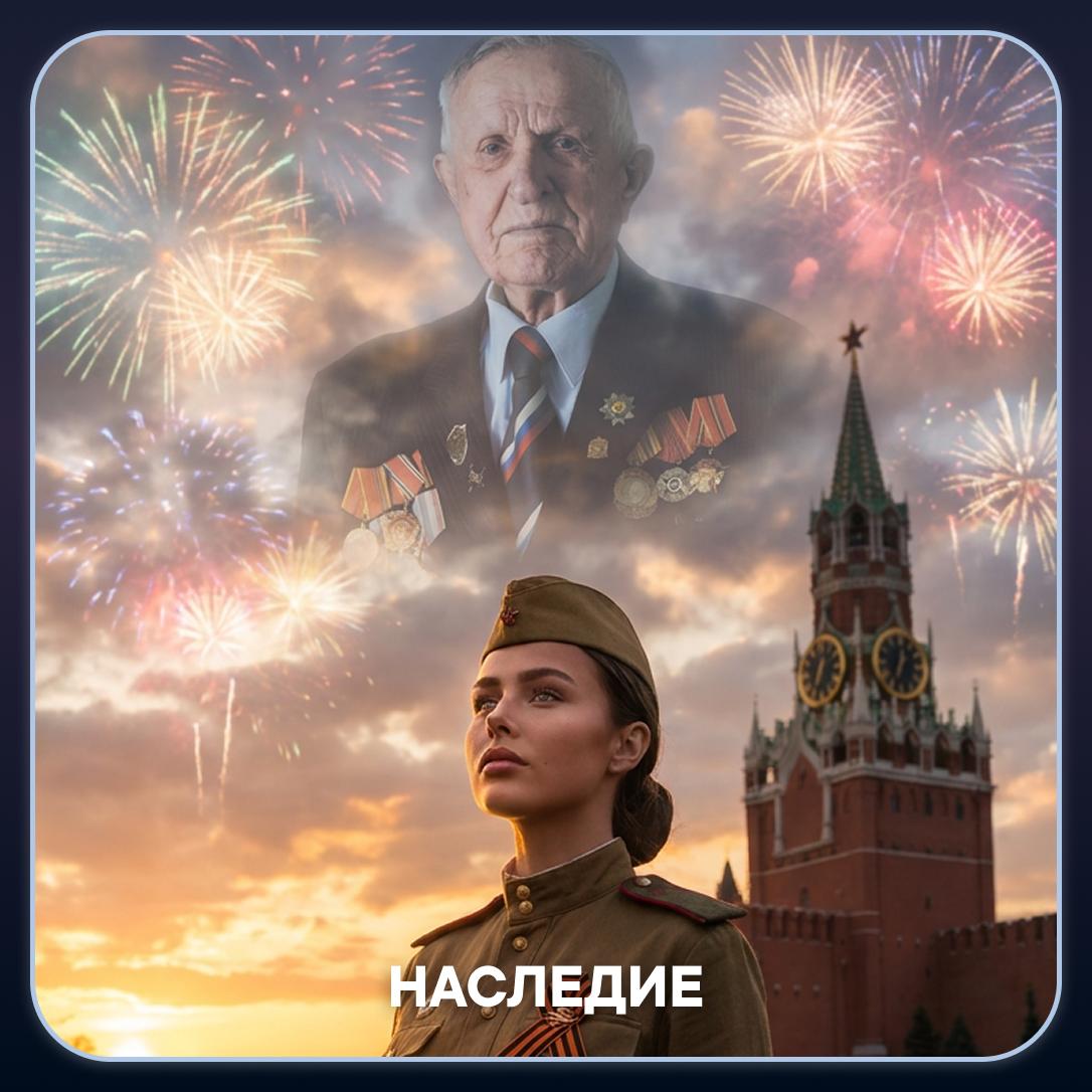 Наследие: Портрет у Кремля с образом ветерана в вечернем небе — связь поколений.