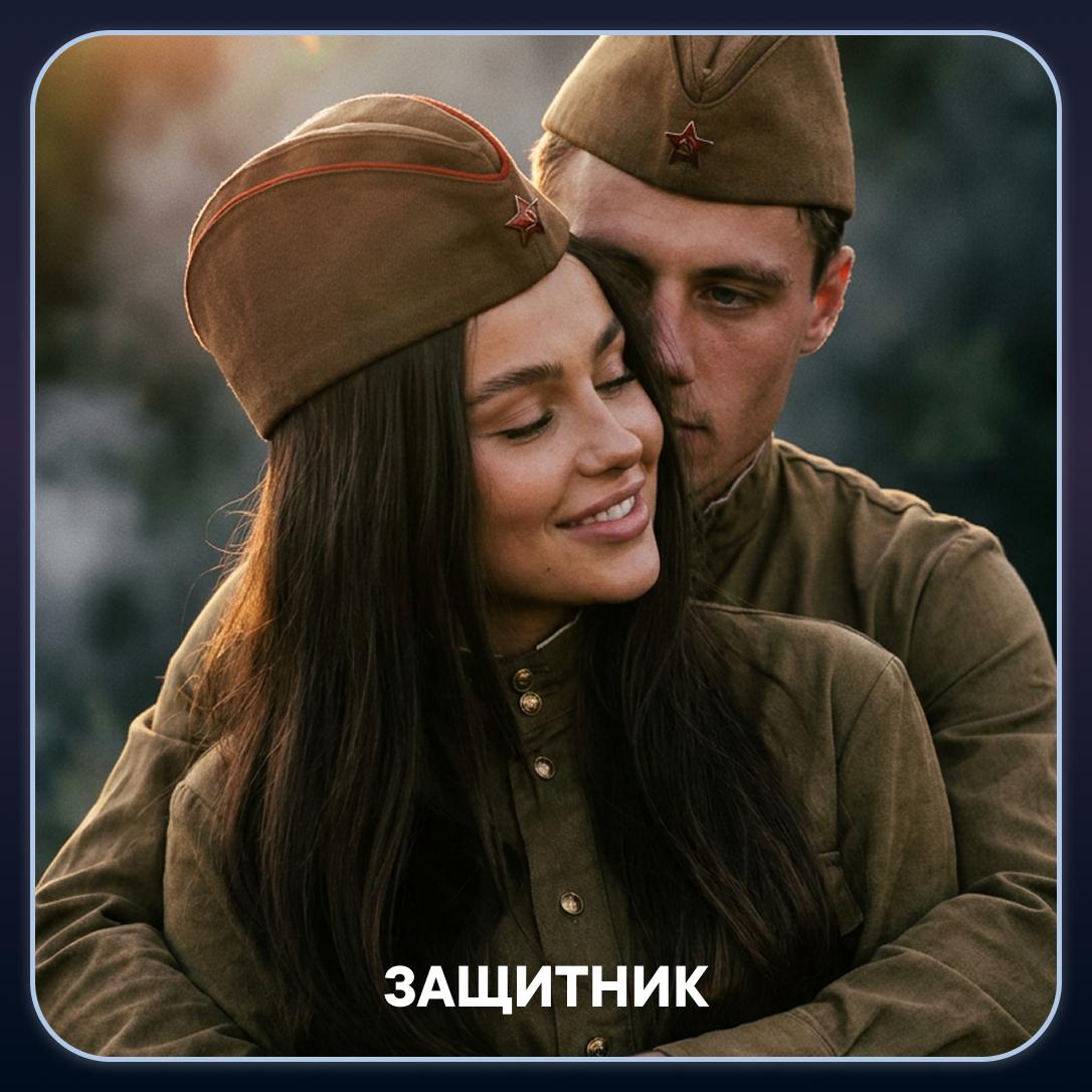 Защитник: Тёплый парный кадр в стилистике военной хроники.