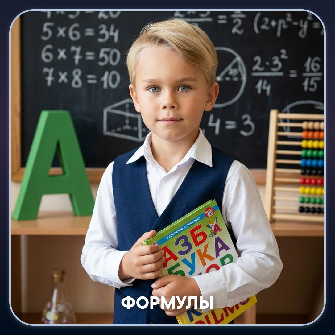 Формулы: Школьный портрет с азбукой, доской, формулами и мягким студийным светом.