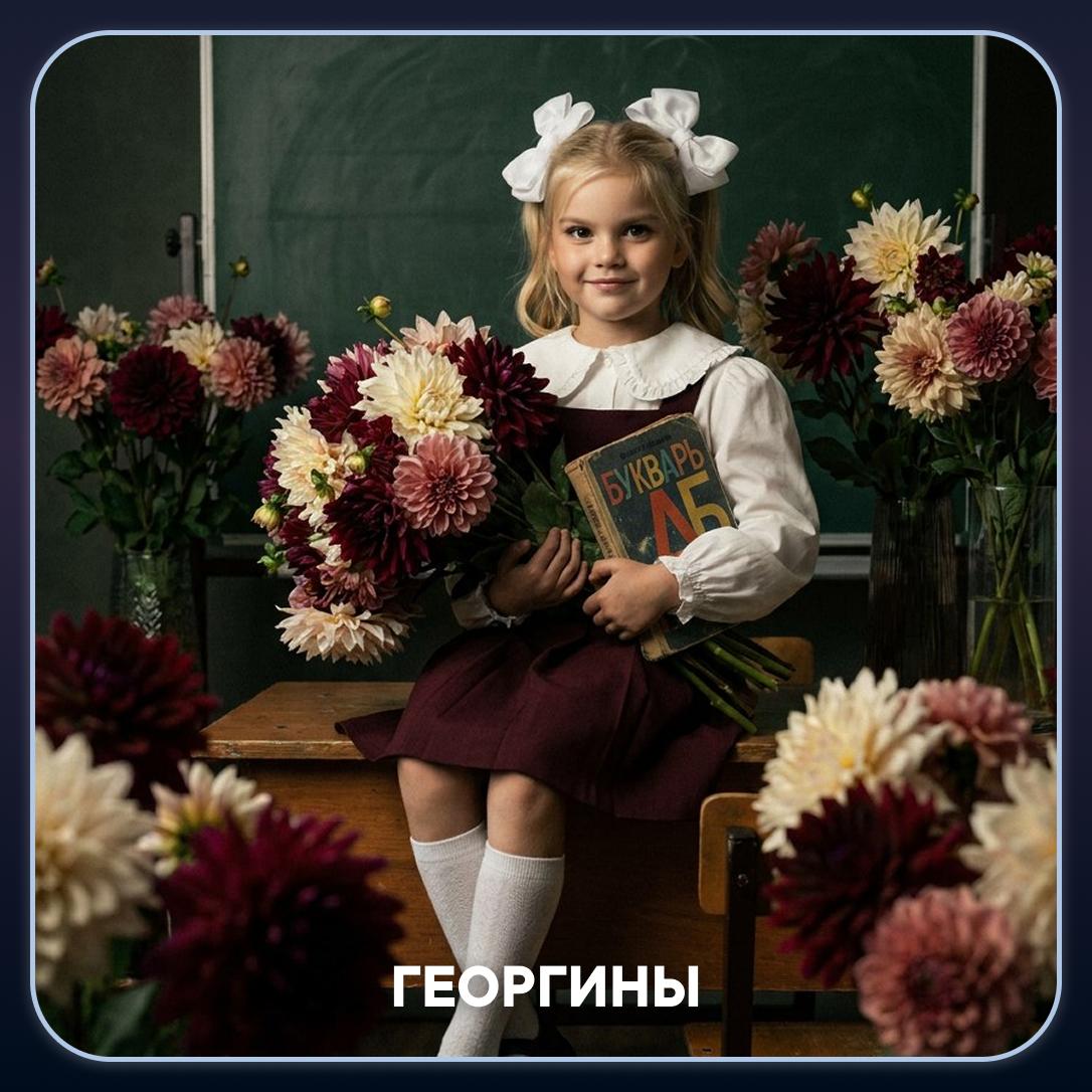 Георгины: Нарядный портрет первоклассницы с книгой и большим букетом георгинов.