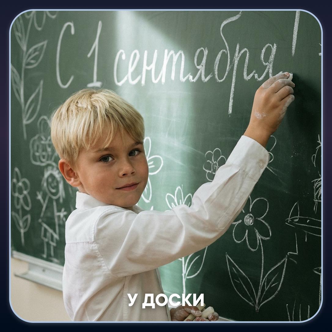 У доски: Классический кадр у школьной доски с надписью «С 1 сентября».