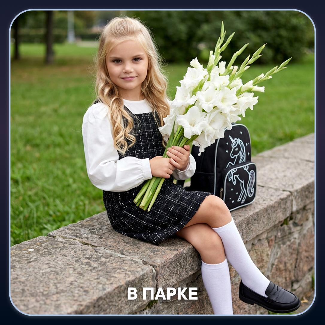 В парке: Уличная школьная фотосессия в зелёном парке с цветами и ранцем.