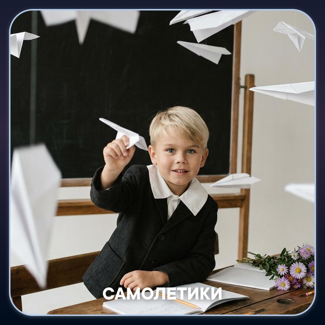 Самолетики: Игривый школьный портрет за партой с бумажными самолётиками в воздухе.