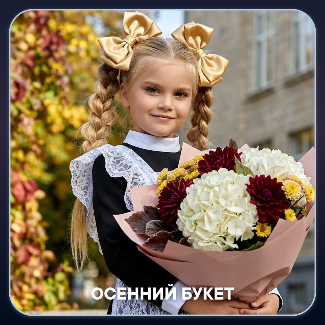 Осенний букет: Праздничный портрет у школы с бантами и большим осенним букетом.