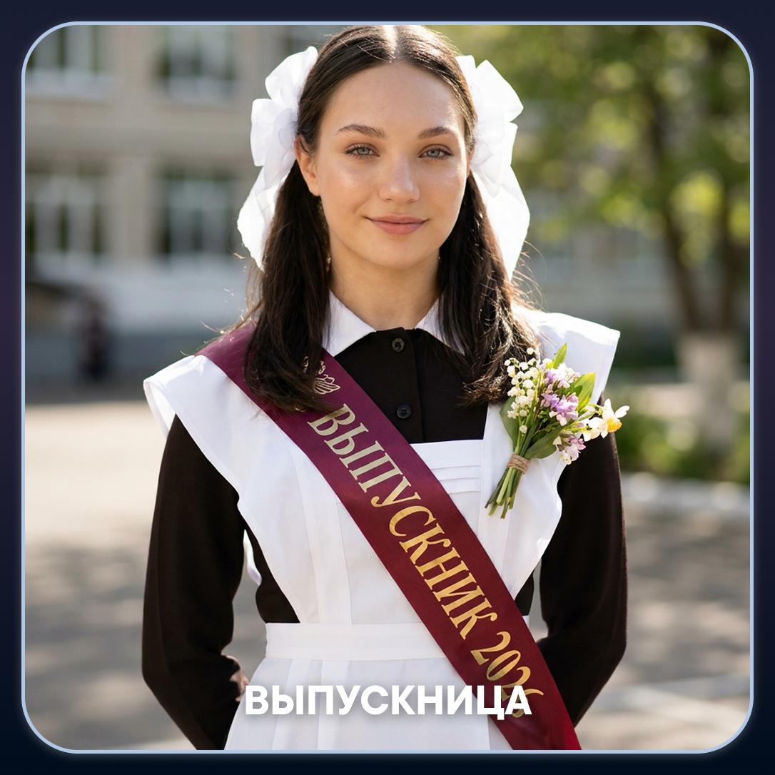 Выпускница: Классический портрет выпускницы с лентой и букетом у школы.