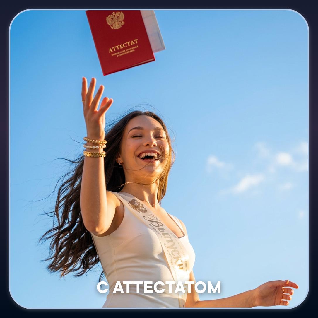 С аттестатом: Радостный кадр с аттестатом, подброшенным в ясное небо.