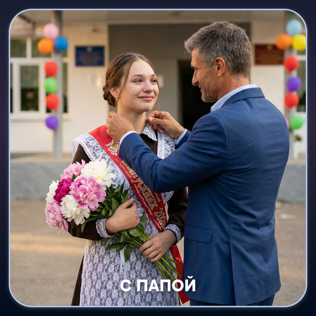 С папой: Тёплый семейный кадр: папа поправляет ленту выпускницы.