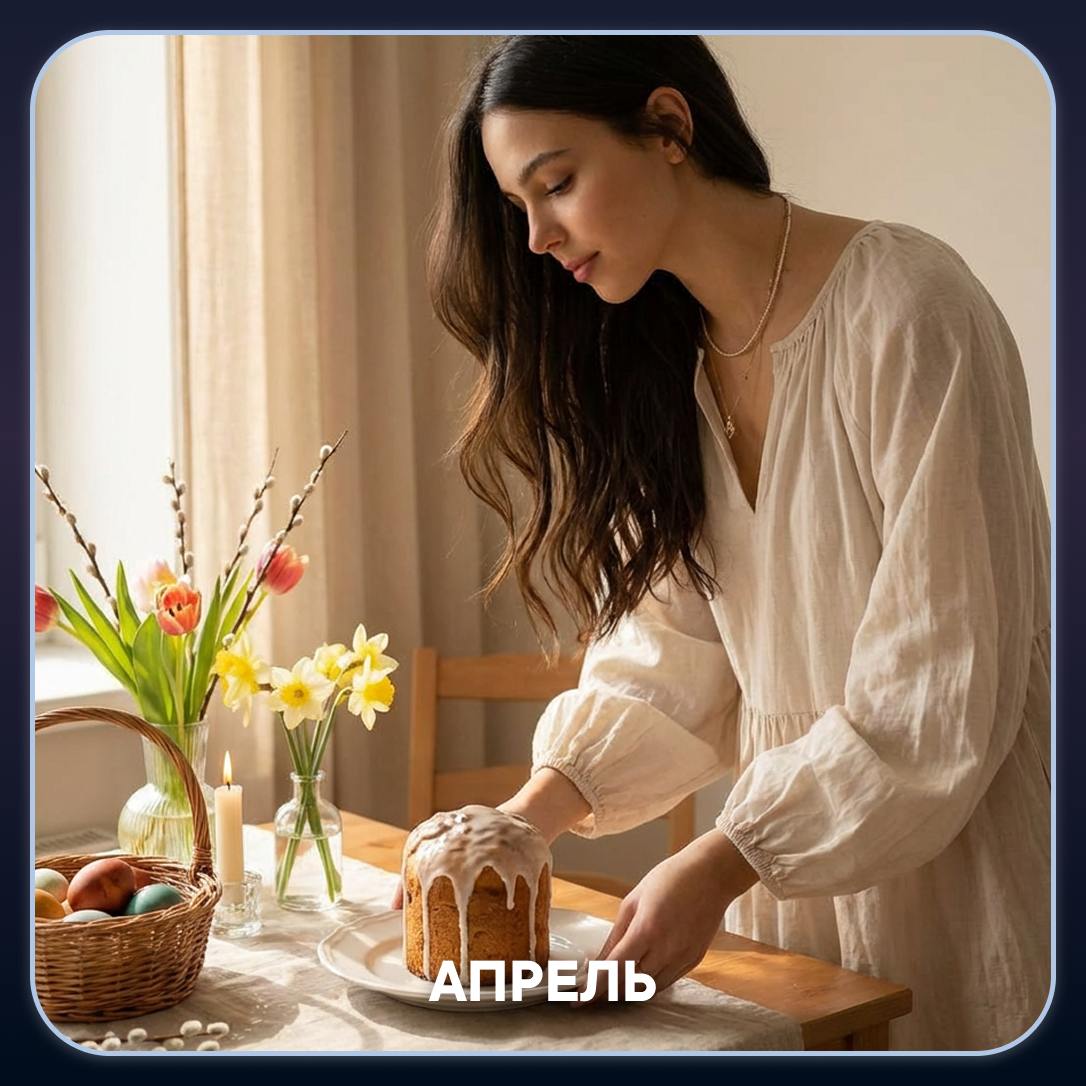 Апрель: Домашняя сцена спокойного весеннего утра: кулич, тюльпаны и мягкий свет.