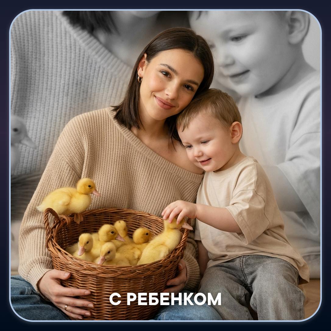 С ребенком: Семейный кадр с ребёнком и корзинкой пасхальных цыплят.