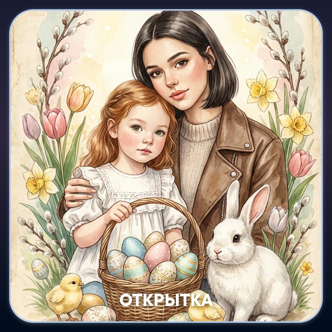 Открытка: Иллюстрированная пасхальная открытка по фото мамы и ребёнка.