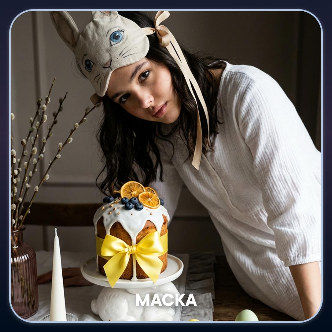 Маска: Игривый кадр в маске кролика рядом с украшенным куличом.