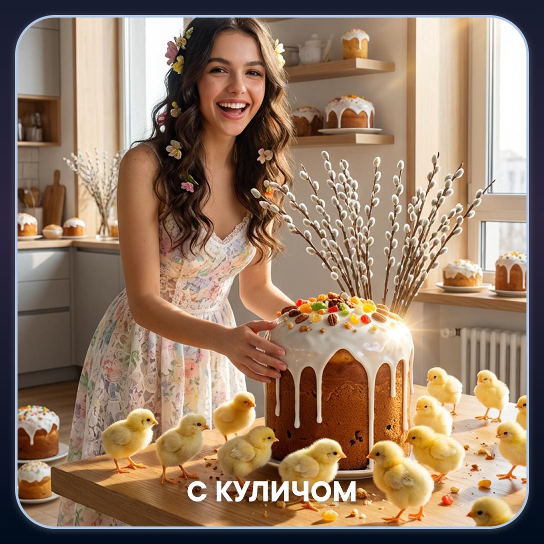 С куличом: Гиперреалистичный кадр на кухне с большим куличом и цыплятами.